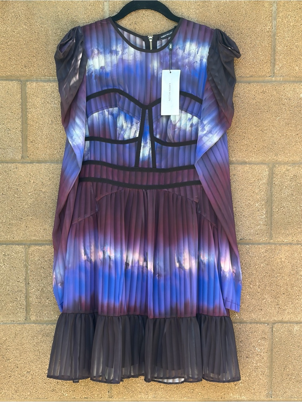 Karen Millen Tye Dye Woven Tape Detail Frill Hem Dress Cobalt